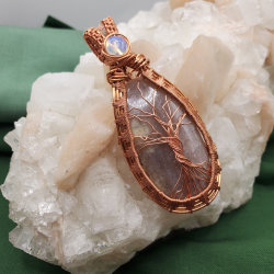 Grey moon stone tree of life copper woven pendant with opalite accent
